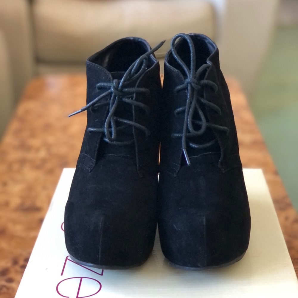 Glaze “Camilla” lace up suede wedge bootie